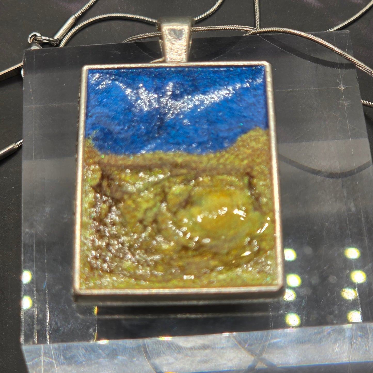 Starry Night Inspired Resin Silver Necklace