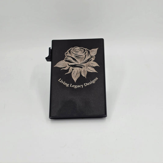 Looking for the perfect gift? This sleek metal cardholder features a stunning laser-engraved Rose. A highly detailed, custom-designed piece for your pocket. Shop now!