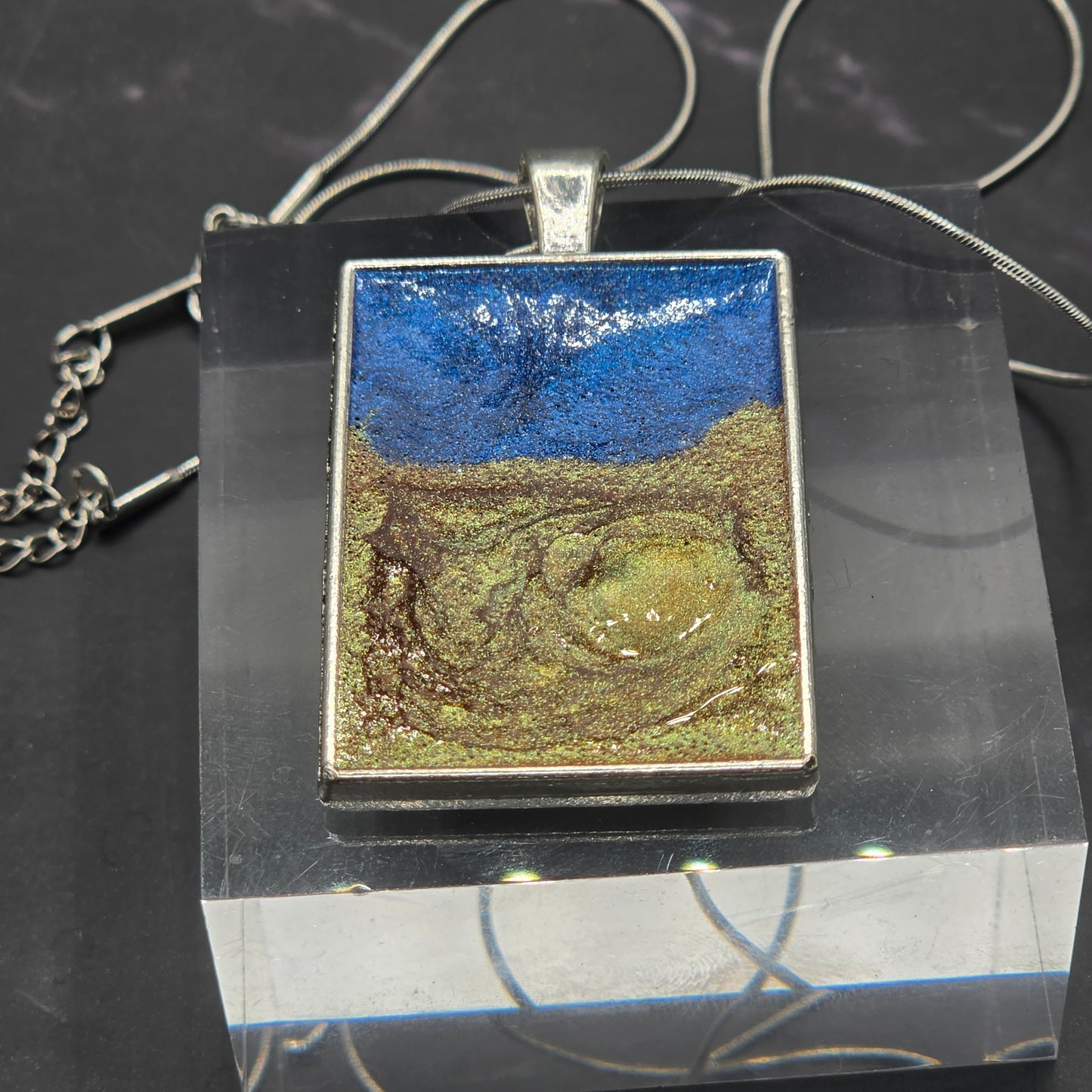 Starry Night Inspired Resin Silver Necklace
