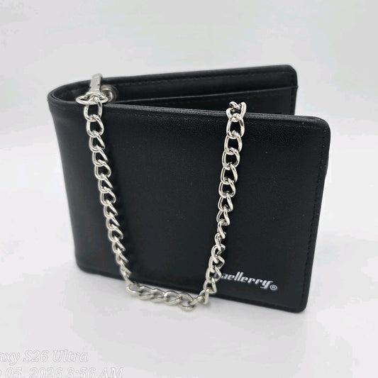 baellerry Black Men's Bifold Wallet w Chain Key Ring ID Window Card Slots